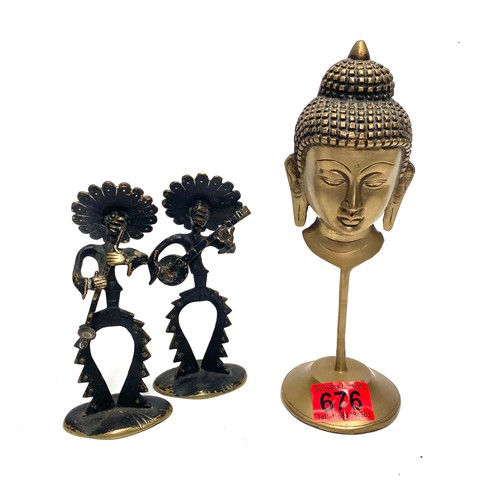 676 - Brass Buddha and 2 cast iron music men.