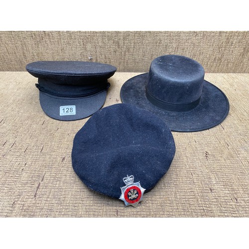 128 - 3 pieces of headwear including: Beret with South Wales police badge.