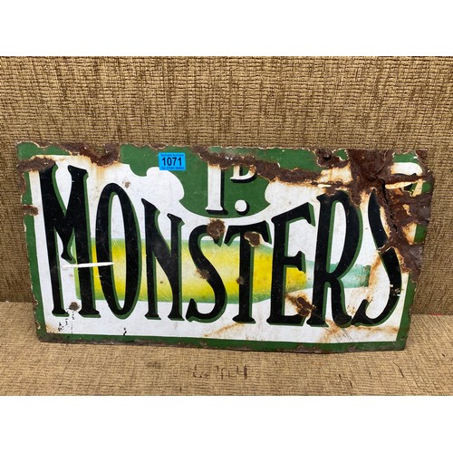 1071 - Vintage enamel monsters sign; 34cm x 62cm.