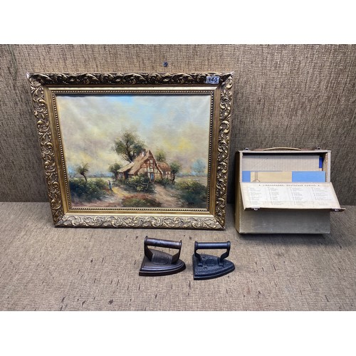 140 - Oil on canvas signed heyer 2 cast irons and a linguaphone records.