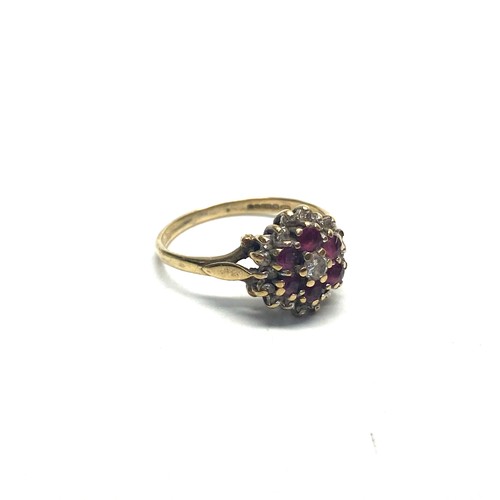 838 - 9ct gold cluster ring with diamonds rubies, size K. 2g.