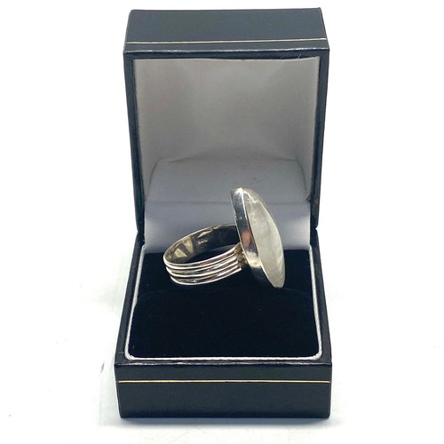 839 - Handmade Silver ring and box stamped .925 with rainbow moonstone size S.