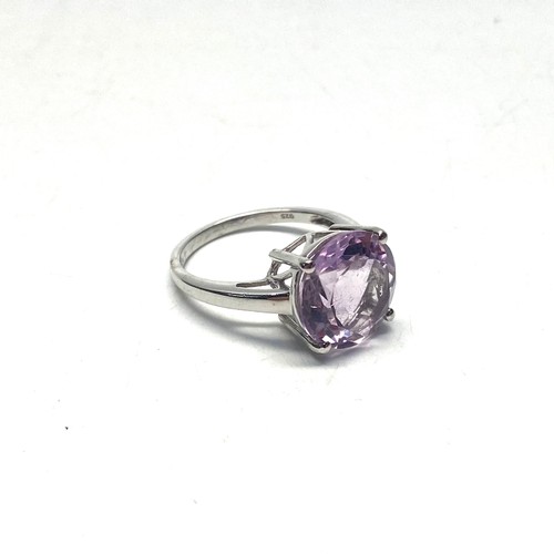 847 - Handmade Silver ring and box stamped .925 with large Amethyst lilac stone, size S.