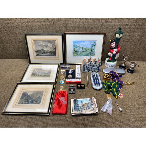 437 - Mixed items including royal wedding jam spoon, pictures, and a watchmaker tool plunger type hands re... 