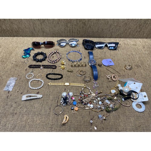 439 - Mixed selection of costume jewellery including sunglasses, mini focus watch.