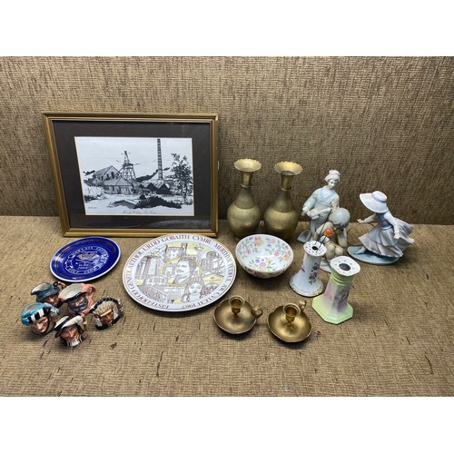 440 - Mixed items including brass vases, ceramics, Joseph parry Merthyr Tydfil plate, and a picture of mai... 