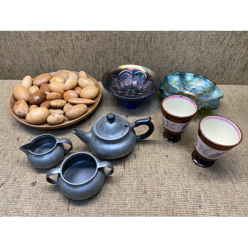 1157 - Mixed items including treen bowl & treen eggs, Archibald Knox tudric pewter 3 piece tea set 2 pieces... 