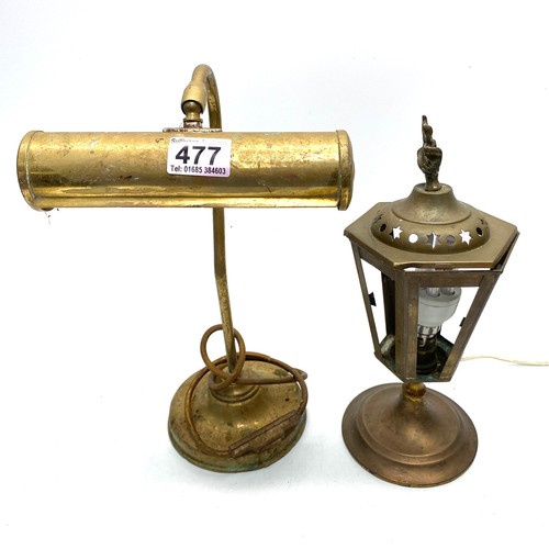 477 - 2 vintage brass lamps including: bankers lamp and art deco style table lamp.