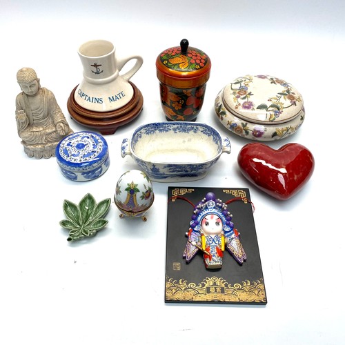 742 - Mixed collectible ceramics including: Captains mate mug, resin buddha and Wade ceramic leaf.