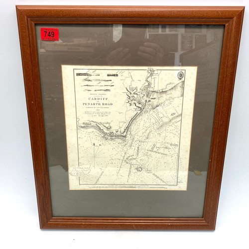 749 - Glass framed Cardiff or Penarth road sailing map from 1832 by Lieutenant H R Denham.