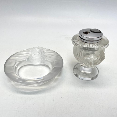 753 - Ashtray and lighter set by Rene Lalique featuring lions head two chips to underside of lighter (see ... 