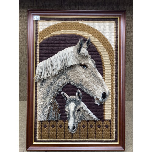 313 - Hand crafted arts and crafts picture of a horse and foal made using wool.