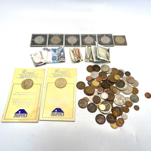 757 - Collection of coins and notes including some silver.