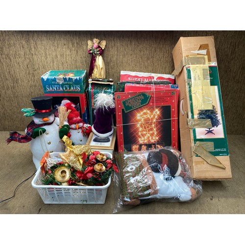 346 - Large selection of christmas decorations including: Santa, jingle bells and snowman.