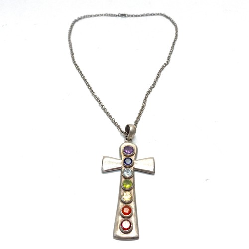 762 - Large handmade sterling silver cross with semi-precious stones and chain.