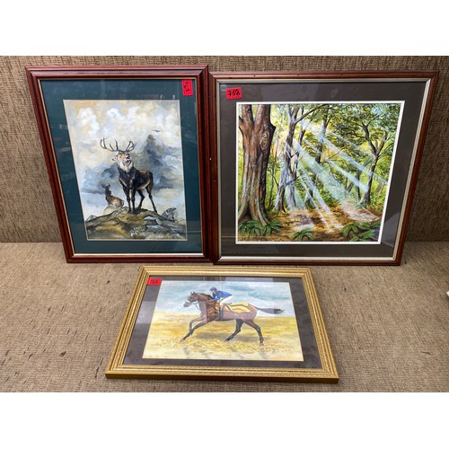 768 - Early framed watercolour Red Rum 50x36cm and proud stag 57x47cm Woodland light 56x58 by renowned con... 