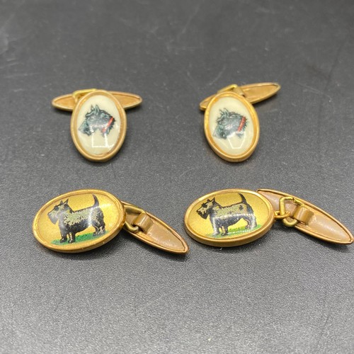 708 - Two pairs of gold on silver hand-painted/enamel antique cufflinks of Scotty dogs.