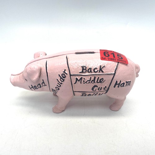 615 - Pink cast iron pig money box.