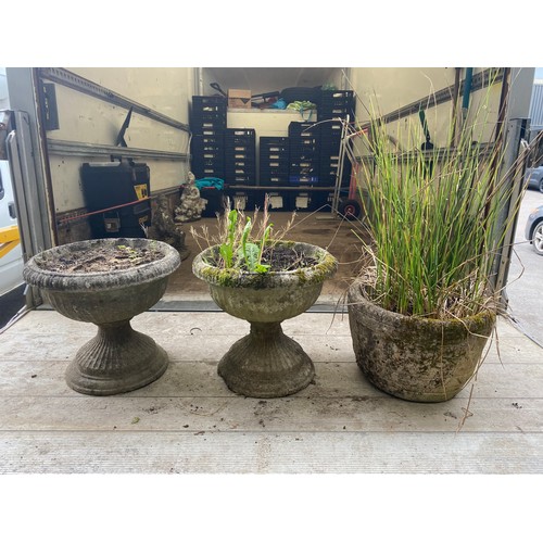 30 - Three large concrete urns/planters