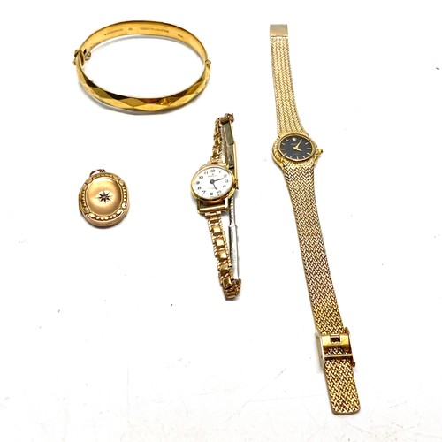 649 - Rolled good and 9ct gold plated items including a watch with a small diamond.