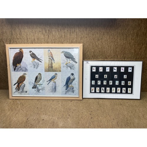 72 - framed bird of prey puzzle and a framed bird stamps.