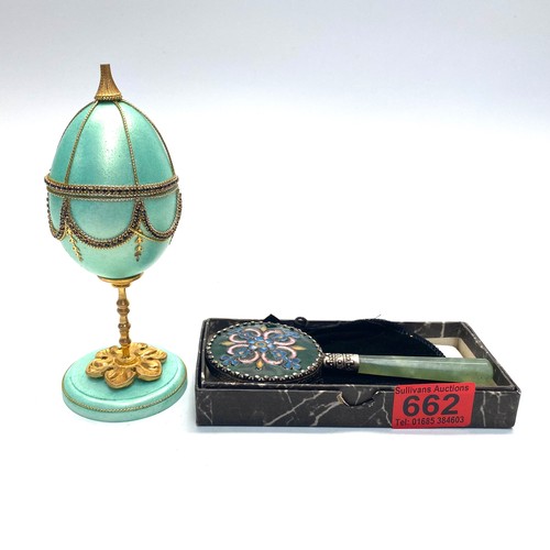 662 - Faberge teal decorative egg and vintage cloisonne florage enamelled hand held mirror.