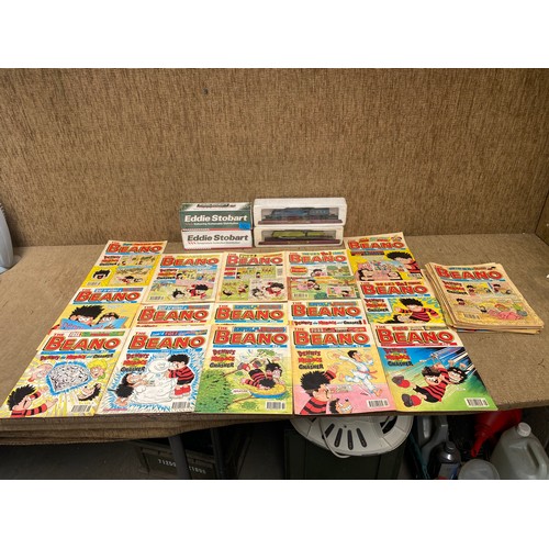 1021 - Collection of beano comics, collectors eddie stobart trucks and 2 model trains.