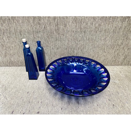 1024 - Vintage cobalt blue glass art bowl lattice edged centre piece (42cm diameter) and 3 cobalt blue apot... 