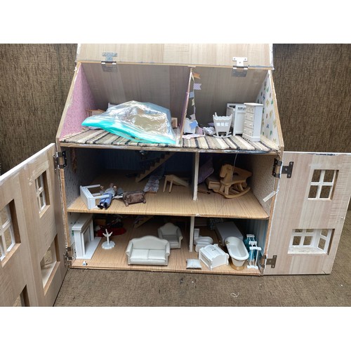 100 - Vintage dolls house full of furniture; 64cm x 42cm.