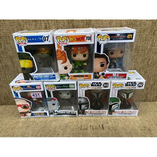 431 - 7 Pop vinyl figures including: MJ, Android 16 and The Mandalorian. (All have defects and parts missi... 