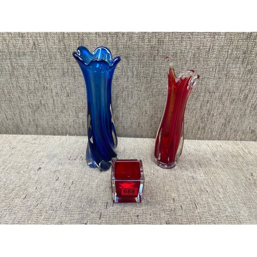 688 - 2 studio glass vases 32cm and a candle block.