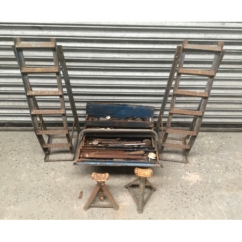 141 - Metal tool box with contents, car ramps and axle stands