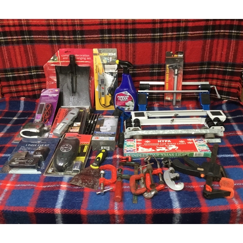 145 - Mixed tools including pipe cutters, g clamps and voltage tester some retail packaged