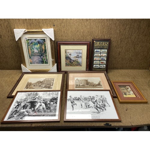 156 - collection of framed prints and photographs and john players cigarette cards.