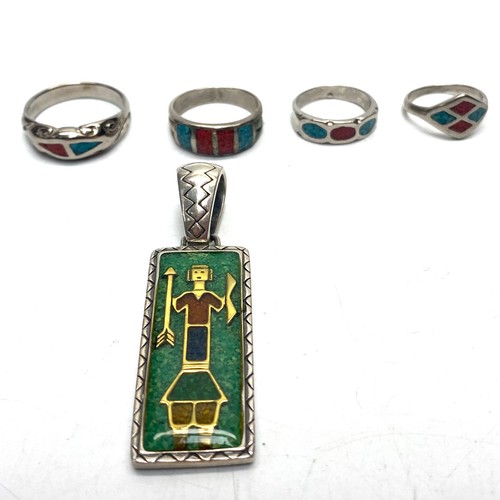 834 - American Carolyn Pollack Sterling silver Southwestern Pendant for Relios inc, and four Native Americ... 