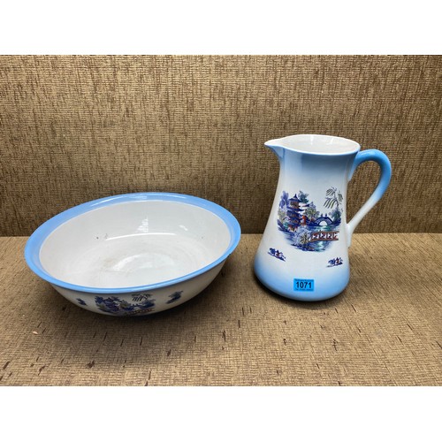 1071 - Sobraon Flow Blue milk polychrome Pagoda Flower Earthenware Jug 32cm tall and Bowl 42cm diameter.