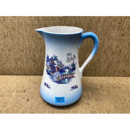 1071 - Sobraon Flow Blue milk polychrome Pagoda Flower Earthenware Jug 32cm tall and Bowl 42cm diameter.