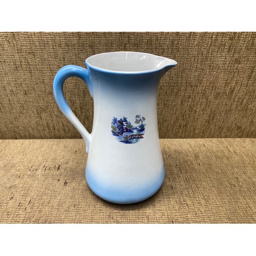 1071 - Sobraon Flow Blue milk polychrome Pagoda Flower Earthenware Jug 32cm tall and Bowl 42cm diameter.