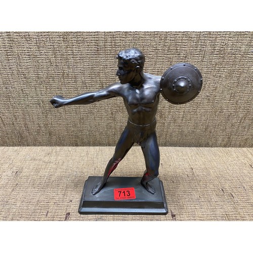 713 - a bronzed spelter, gladiator statue in style of moreau 27cm.