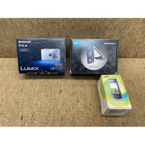 722 - panasonic FS4 lumix camera, samsung galaxy mini and a motorola RAZRV3 mobile phone.