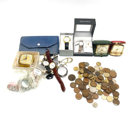 726 - Coins including some silver, travel clocks, watches (including a boxed sekonda 867480 and costume je... 