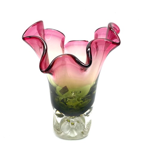 728 - chribska czech art glass vase in sage & ruby 30cm.