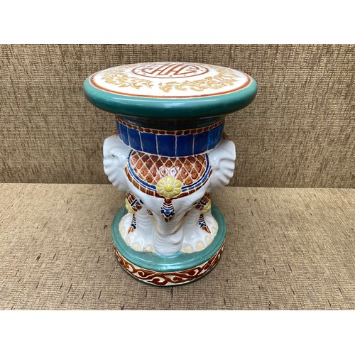 1082 - asian hand painted pottery elephant garden stool 40cm.