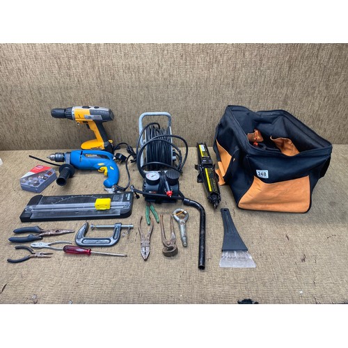 248 - mixed tools including jcb combi drill, replacement car bulb kit.