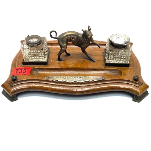 735 - Antique 19th century oak inkwell with lurcher handle presented By Cwmrhose Choir To W.M. Powell Nove... 