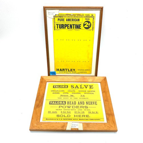 1094 - 2 framed original posters including: Pure American Turpentine, Hartley, Liverpool and Talora Salve P... 