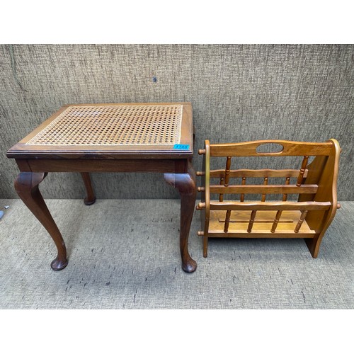 1108 - Vintage walnut rattan topped side table and a vintage letter and news paper holder.