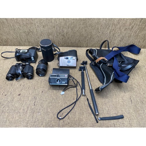 492 - Selection of cameras, camera equipment and binoculars including: Fujifilm camera, selfie stick and A... 