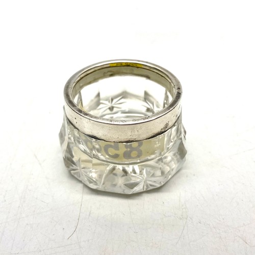 858 - crystal salt trinket ring dish with sterling silver rim.