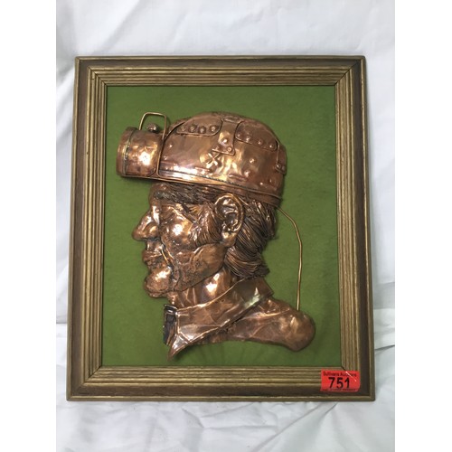 751 - Framed picture of of a miner made from copper 38cm x 32cm